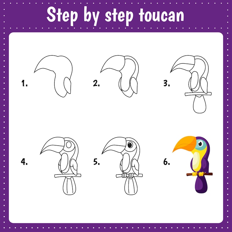 Vetor planilha educacional para crianças ilustração de desenho passo a passo tucano