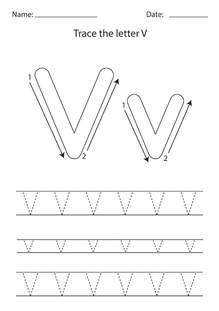 Planilha em preto e branco para aprender o alfabeto inglês. Trace letter V.
