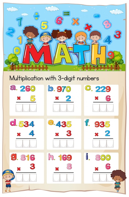 Planilha matemática para multiplicação com números de três dígitos