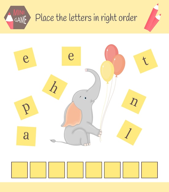 Planilha para crianças em idade pré-escolar palavras, quebra-cabeça, jogo educativo para crianças. coloque as letras na ordem certa.