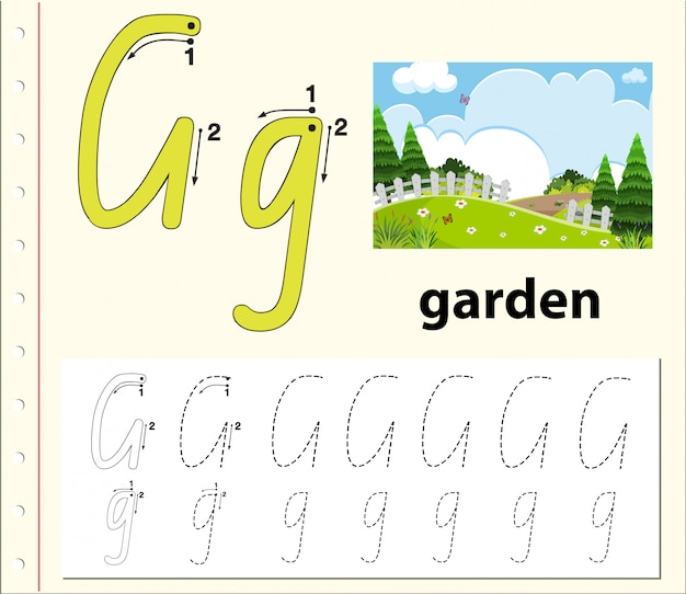 Planilhas de alfabeto de traçado da letra g