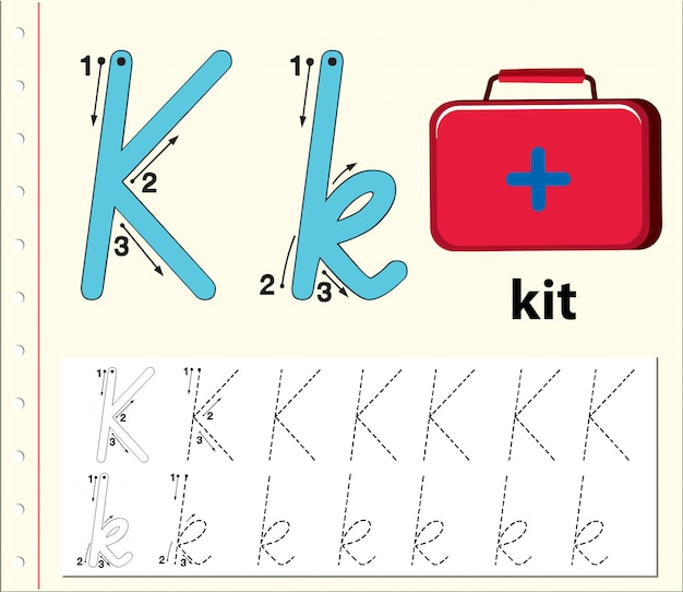 Vetor planilhas de alfabeto de traçado da letra k