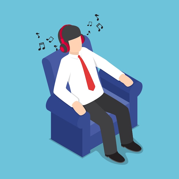 Plano 3d isométrico empresário descansando no sofá e ouvindo música nos fones de ouvido, conceito relax