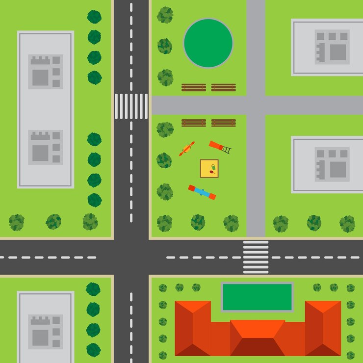 Plano de cidade. Vista superior da cidade com a estrada, encruzilhada, prédios, árvores, arbustos, playground e prédio de escritórios.