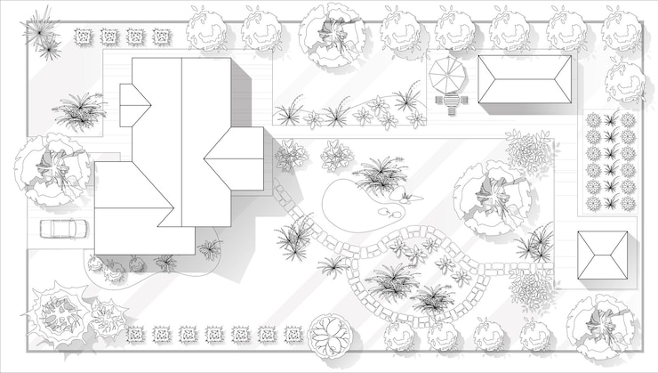 Vetor plano de design de paisagem com pátio da casa plano de campo preto e branco com vila de chalé moderna