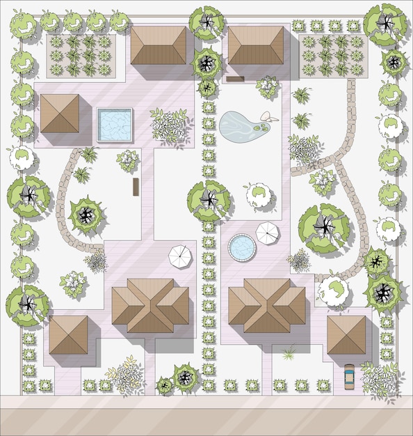 Vetor plano de design paisagístico de vista superior com garagem de gramado de pátio de duas casas plano de projeto de país com chalés modernos de villas com piscina de lagoa ilustração em vetor de paisagem urbana mapa da vila da cidade