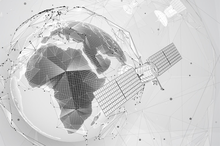 Vetor plano de fundo 3d. satélite de comunicação em um estilo triangular volumétrico. explosão de partícula caótica abstrata