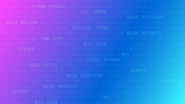 Plano de fundo da cyber monday com zeros, uns e inscrições nas cores roxa e azul