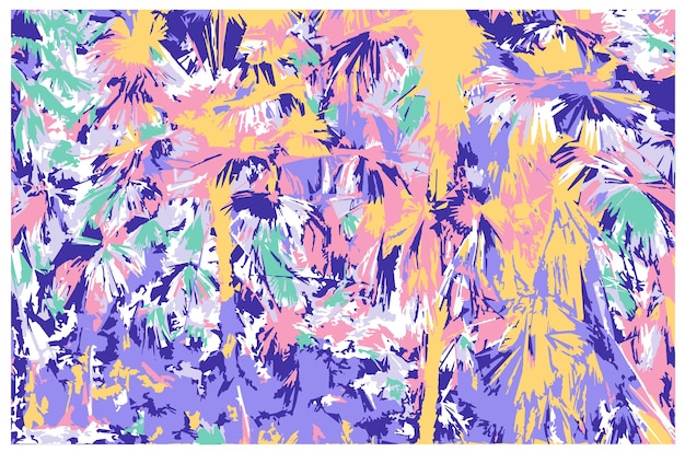 Plano de fundo da paisagem ou modelo de cartão com floresta abstrata palmeiras selva de cores vivas quentes Cenários coloridos brilhantes Ilustração vetorial no estilo de arte moderna