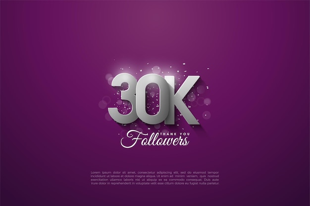 Plano de fundo de 30 mil seguidores com figuras prateadas sobrepostas em um fundo roxo.