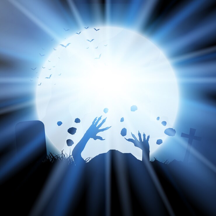 Vetor plano de fundo de halloween com zumbis saindo do chão contra o céu iluminado pela lua