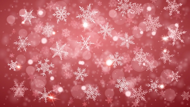 Plano de fundo de natal de complexos flocos de neve caindo nítidos e desfocados em cores de pêssego com efeito bokeh