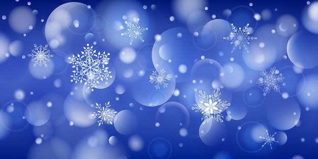 Plano de fundo de natal de complexos grandes e pequenos de flocos de neve caindo em cores azuis com efeito bokeh