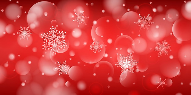 Plano de fundo de natal de complexos grandes e pequenos de flocos de neve caindo em cores vermelhas com efeito bokeh