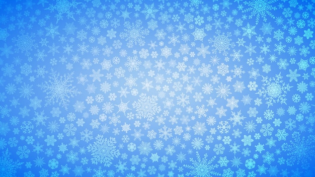 Plano de fundo de natal de flocos de neve grandes e pequenos em cores azuis claras