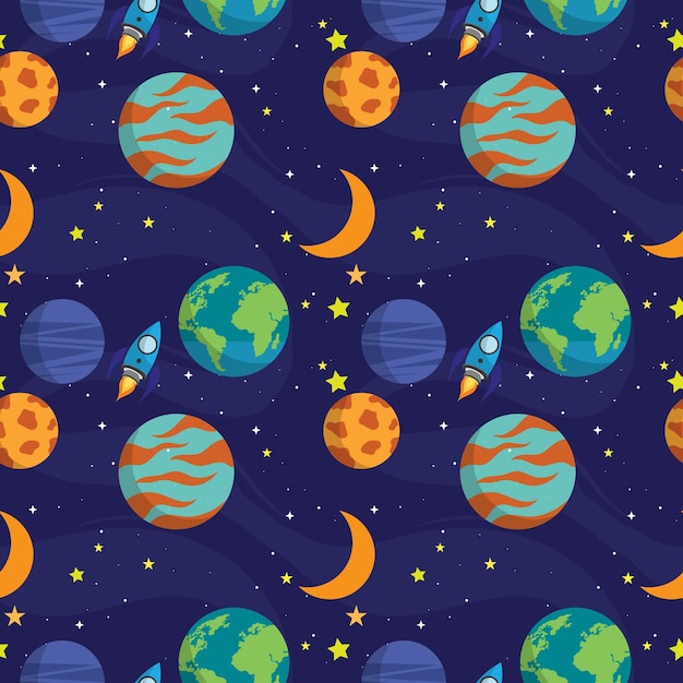 Vetor plano de fundo de planetas sem costura padrão