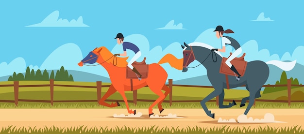 Plano de fundo do esporte equestre. pessoas cavalga em ilustrações vetoriais ao ar livre de cavalos de corrida em estilo cartoon. corrida de hipismo, cavalo e jóquei esportiva