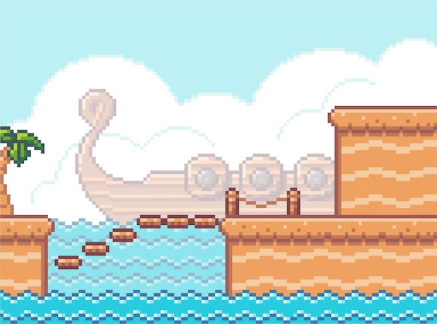 Plano de fundo do jogo de pixel art com ponte e mar. cena do jogo com plataformas de madeira costeira