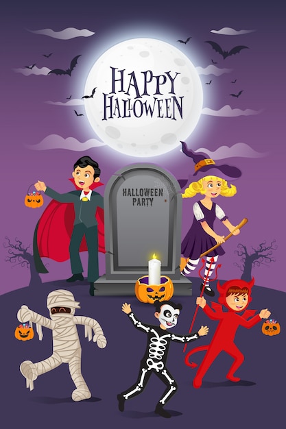 Plano de fundo feliz dia das bruxas. crianças vestidas com fantasia de halloween para fazer truques ou travessuras com lápide velha e lua cheia. ilustração para cartão de feliz dia das bruxas, panfleto, banner e convite