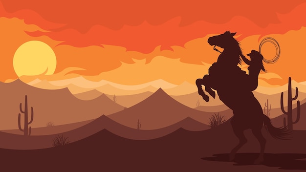 Plano de fundo ocidental, cowboys de paisagem no cavalo do deserto e silhueta de menina