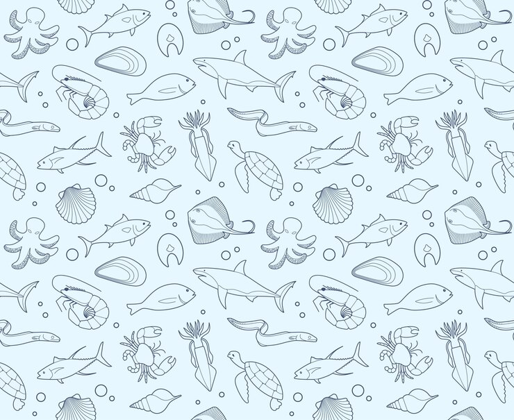 Plano de fundo sem costura com fotos de contorno de frutos do mar