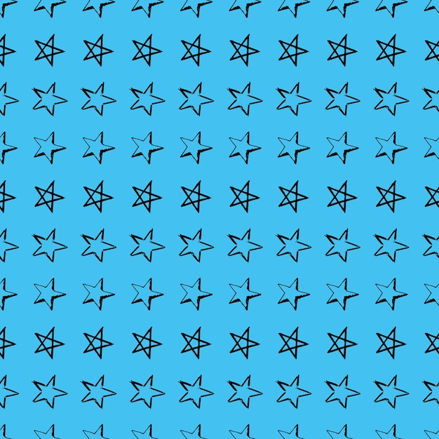 Plano de fundo sem emenda de estrelas do doodle. Estrelas desenhadas de mão negra sobre fundo azul. Ilustração vetorial