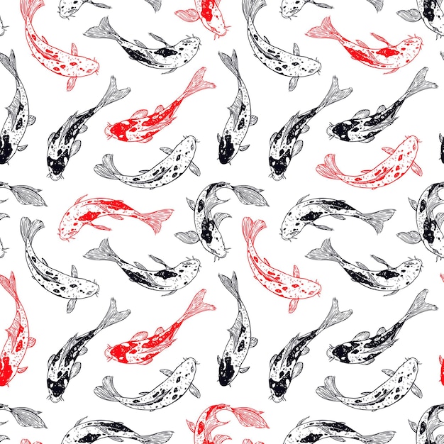 Plano de fundo sem emenda de koi carps. conjunto de belas carpas desenhadas à mão