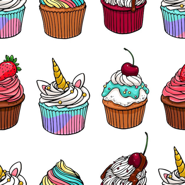 Plano de fundo sem emenda de saborosos cupcakes fofos. ilustração desenhada à mão