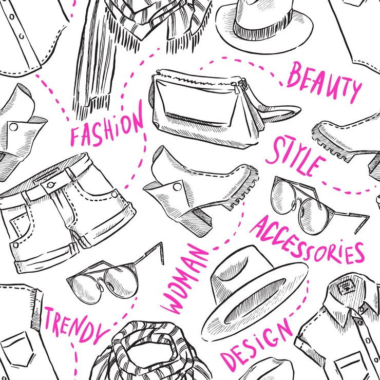 Vetor plano de fundo transparente com roupas femininas e acessórios. ilustração desenhada à mão