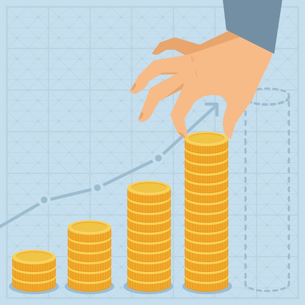 Plano de negócios financeiros do vetor - mão segurando a moeda de ouro em estilo retro plana