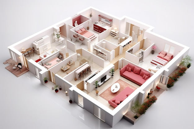 Plano de piso de uma casa vista de cima ilustração 3d conceito aberto layout de casa de estar
