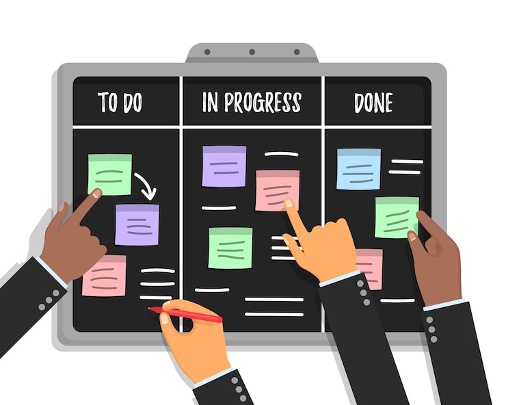 Vetor plano de projeto ágil. conceito de quadro de tarefas scrum com mãos humanas segurando marcadores e papéis colantes coloridos.