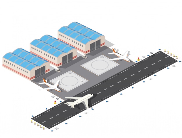 Plano isométrico do aeroporto da cidade, vôo de construção e construção, terminal