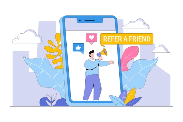 Plano referindo-se a um amigo com conceito de personagens de pessoas Contorne o estilo de design ilustração vetorial mínima para imagens de heróis de infográficos de banner da web da página de destino