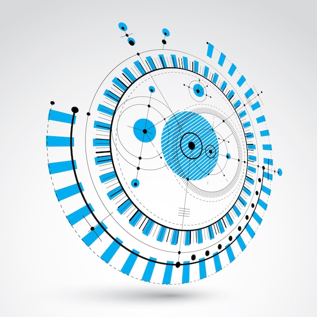 Plano técnico, fundo digital de vetor azul com elementos de desenho geométrico, círculos. Ilustração 3D do sistema de engenharia, pano de fundo tecnológico abstrato de perspectiva.