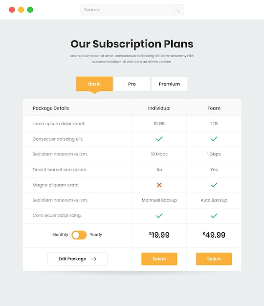 Planos de assinatura e design de modelo de interface web de comparação de preços