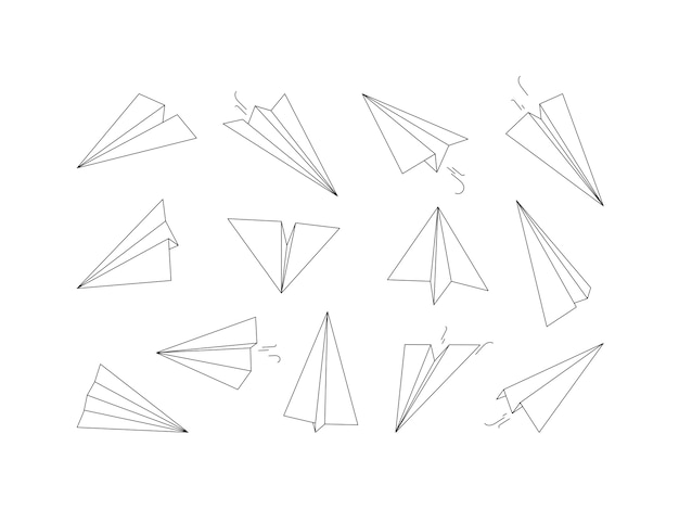 Planos de papel lineares. Desenho de coleção aérea de transporte de aeronaves de origami. Desenho de plano de papel de ilustração, avião de origami linear