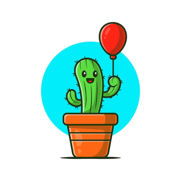 Planta de cacto feliz segurando a ilustração do ícone dos desenhos animados de balão.