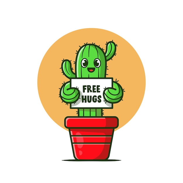 Planta de cacto feliz segurando a ilustração do ícone dos desenhos animados do free hugs board.