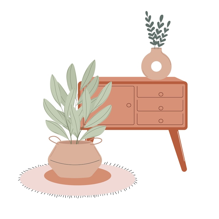 Vetor planta de casa em vaso verde e vetor de mesa vintage plano grande planta verde na cesta de plantador de tecido decoração de interiores para casa e escritório