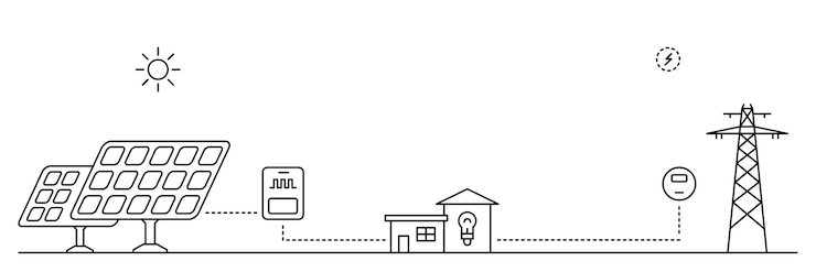 Vetor planta de energia solar. conceito de energia inteligente. ilustração em vetor arte linha.