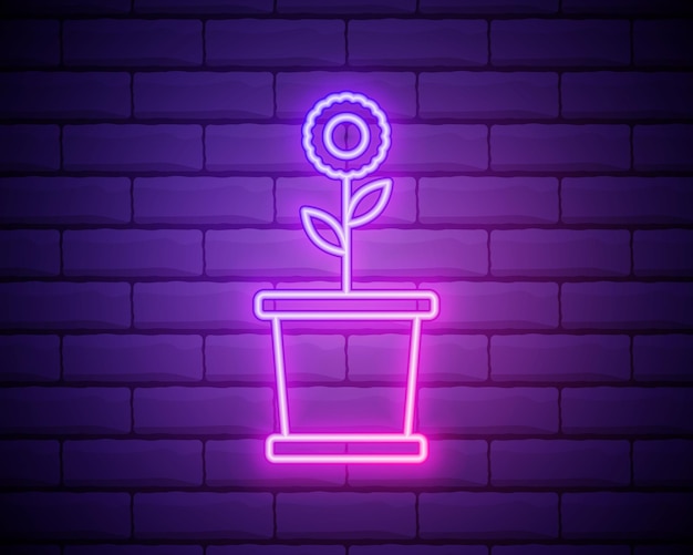 Planta de néon brilhante no ícone de pote isolado no fundo da parede de tijolo planta crescendo em um vaso sinal de planta em vaso ilustração vetorial