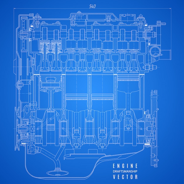 Planta do motor de combustão interna, desenho técnico no projeto de fundo azul