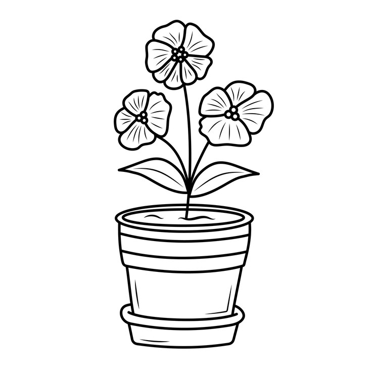 Vetor planta doméstica de interior com flores em uma panela arte de linha doodle planta de casa livro de colorir para crianças