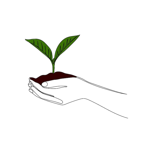Planta em crescimento nas palmas das mãos Mãos segurando um broto Arte vetorial de uma linha Conceito de ecologia da natureza