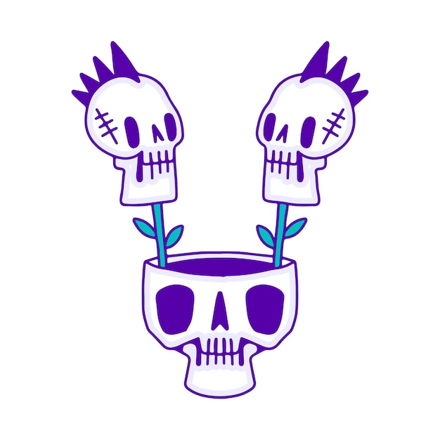 Vetor planta legal do crânio do punk dentro da arte do rabisco da cabeça do esqueleto, ilustração para camiseta, adesivo.
