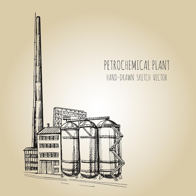 Planta petroquímica, vetor de esboço desenhado à mão