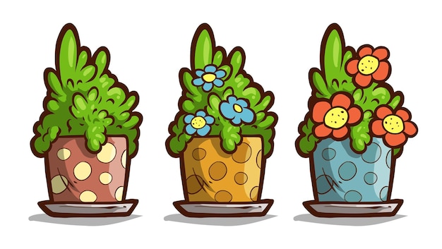 Vetor planta verde de desenho animado com flores em vaso de flores