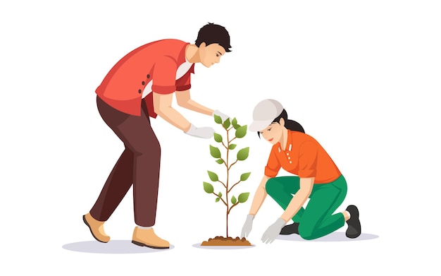 Plantar árvores em conjunto por duas pessoas Ilustração vetorial