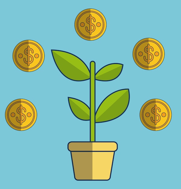 Plantar em um pote com dinheiro moedas em torno de um ícone